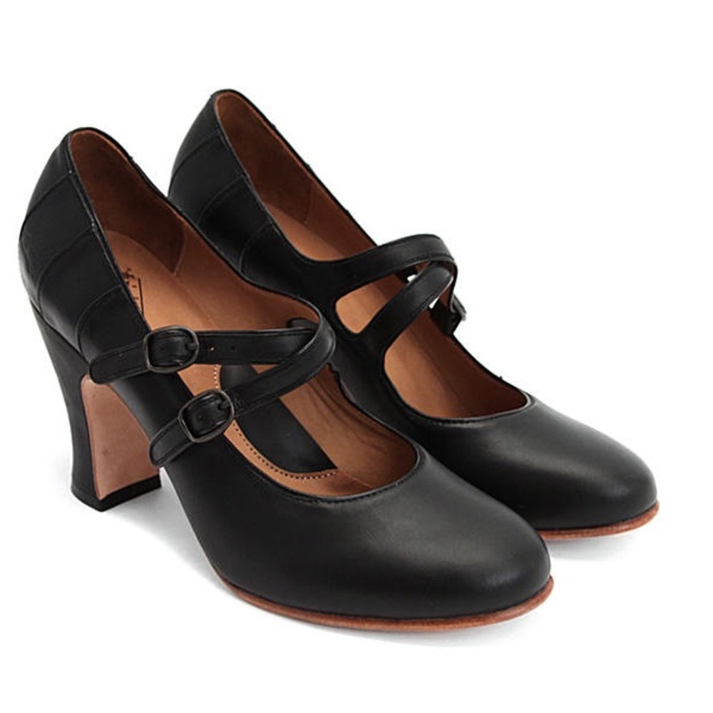 John Fluevog Black Double-Strap Mary Jane Heels with Tan Sole Edge